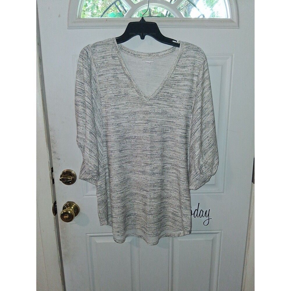 LuLaRoe Women's Top Medium Tan & Gray Balloon Puff Sleeve